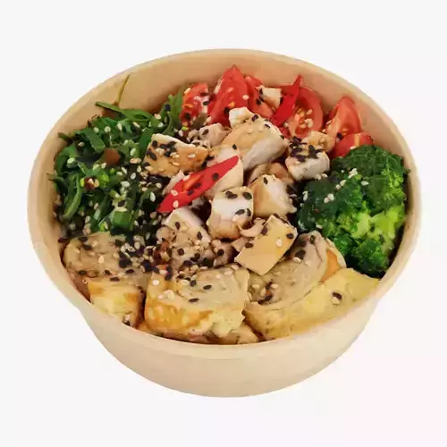 Poke bowl lunch with eggs chicken avocado tomatoes rice chuka 