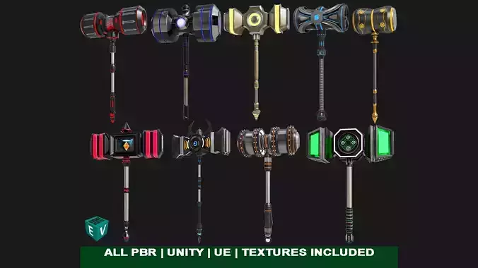 9 Sci-Fi Battle Hammers Collection All PBR Unity UE Textures 