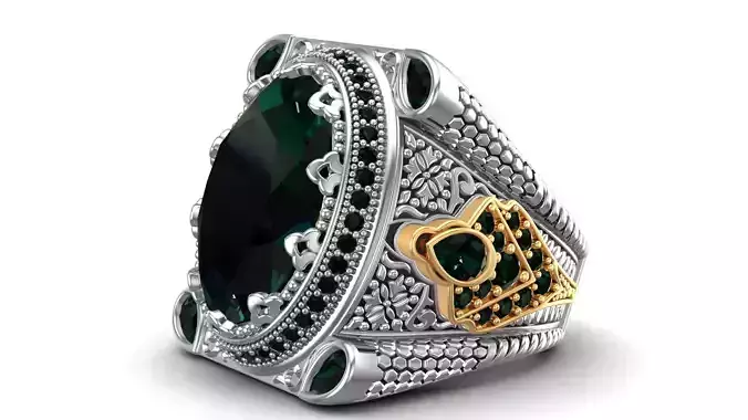 Turkish King Crown Ottoman Oval Green Emerald Stone Mans Ring 3D print model