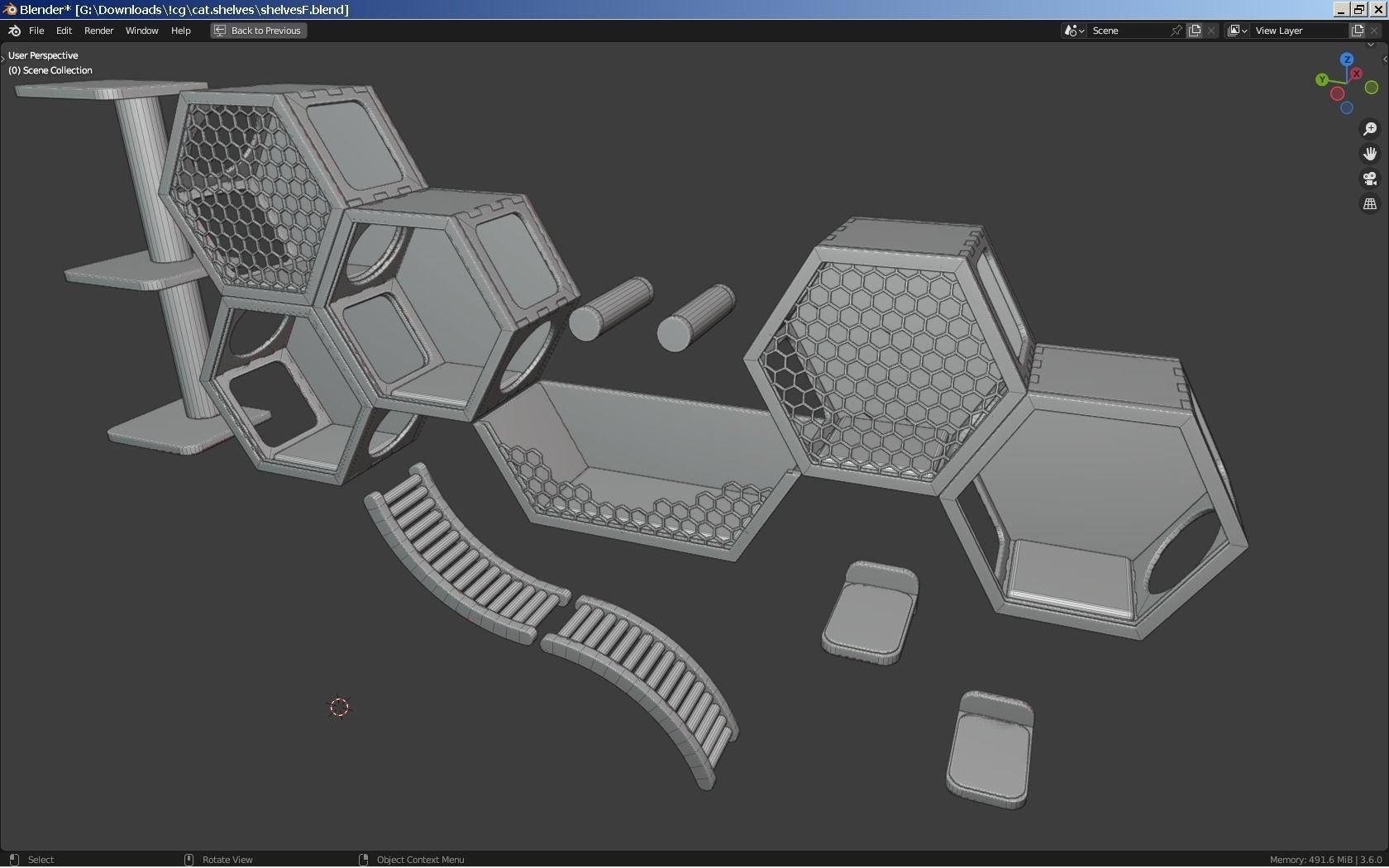 Modular wall mounted cat shelves with ladders and scratchers 3D model_3