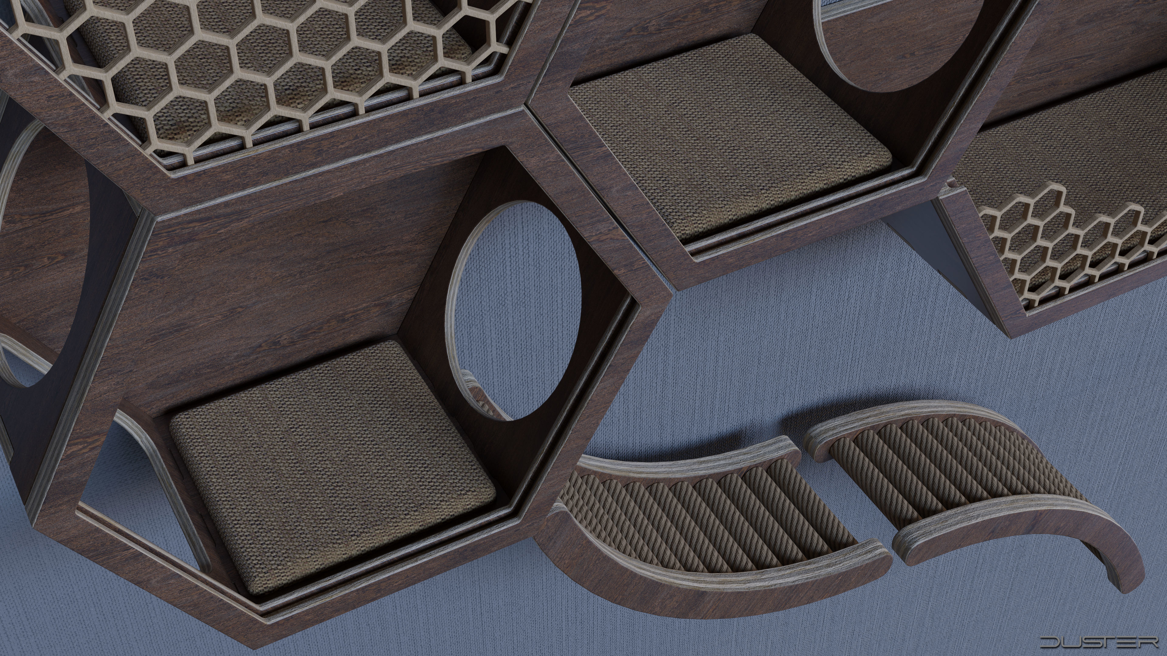 Modular wall mounted cat shelves with ladders and scratchers 3D model_2