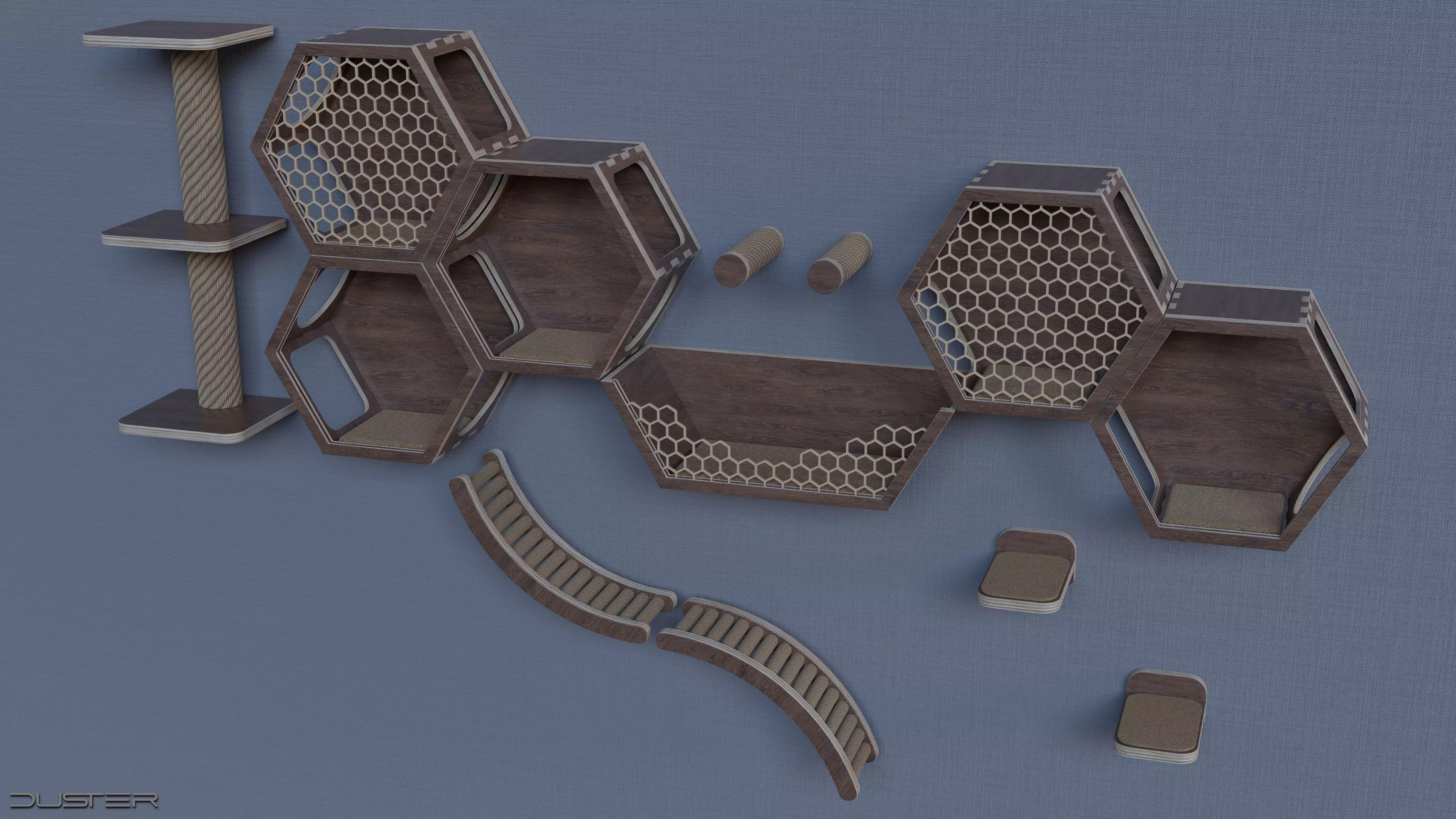 Modular wall mounted cat shelves with ladders and scratchers 3D model_0