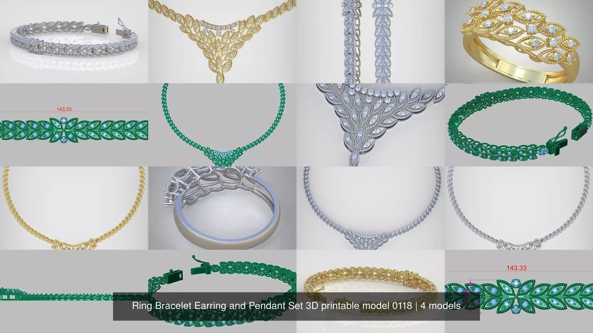 Ring Bracelet Earring and Pendant Set 3D printable model 0118 3D Model Collection_1
