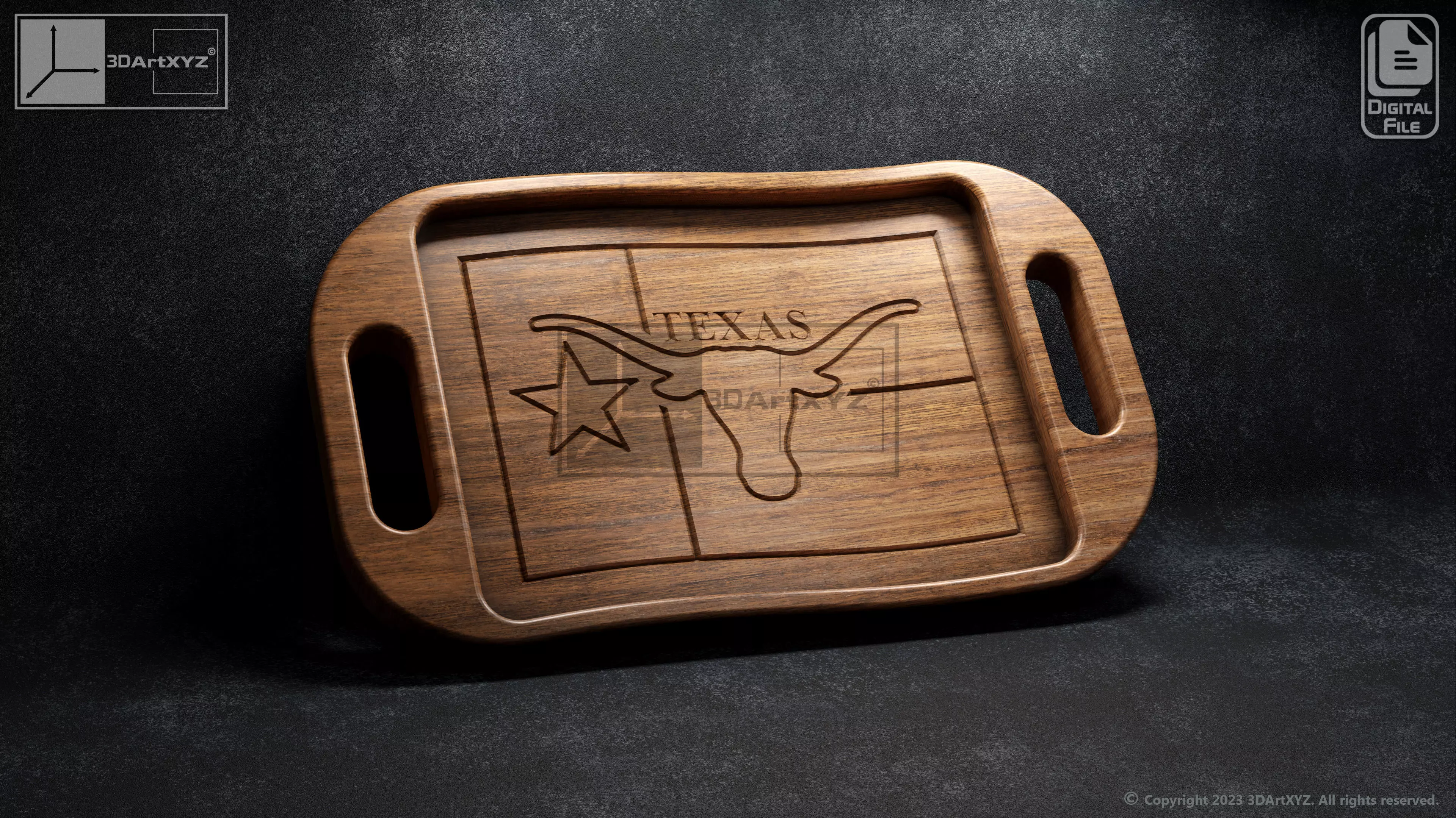 Texas Longhorns Wavy Flag Tray With Handles - CNC Files for Wood 3D model_0