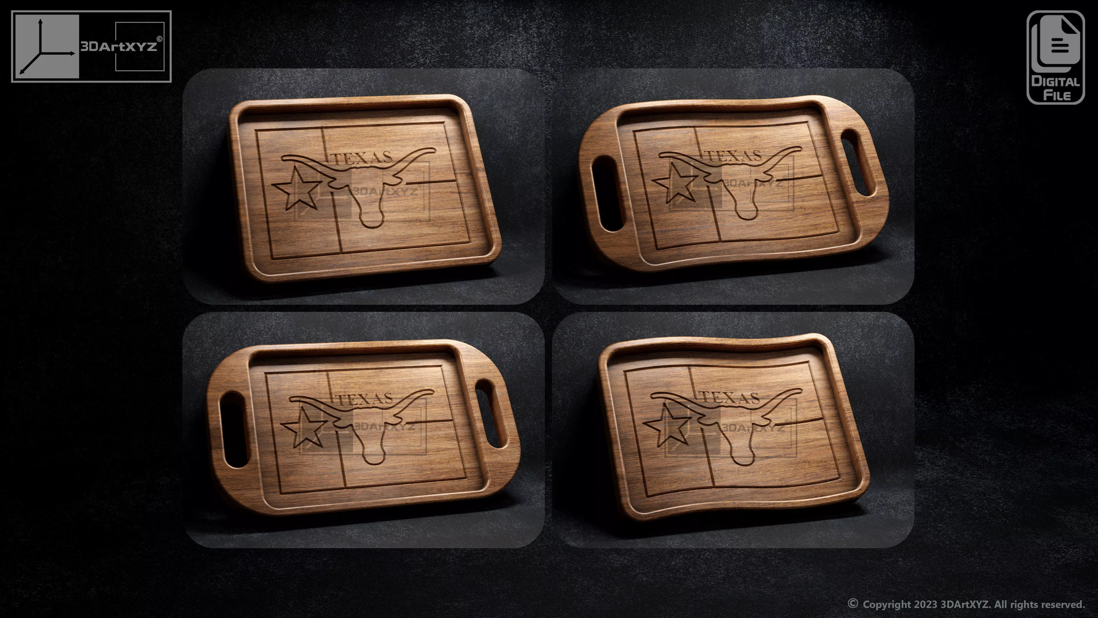 Texas Longhorns Flag Trays Pack - CNC Files for Wood 3D model_0