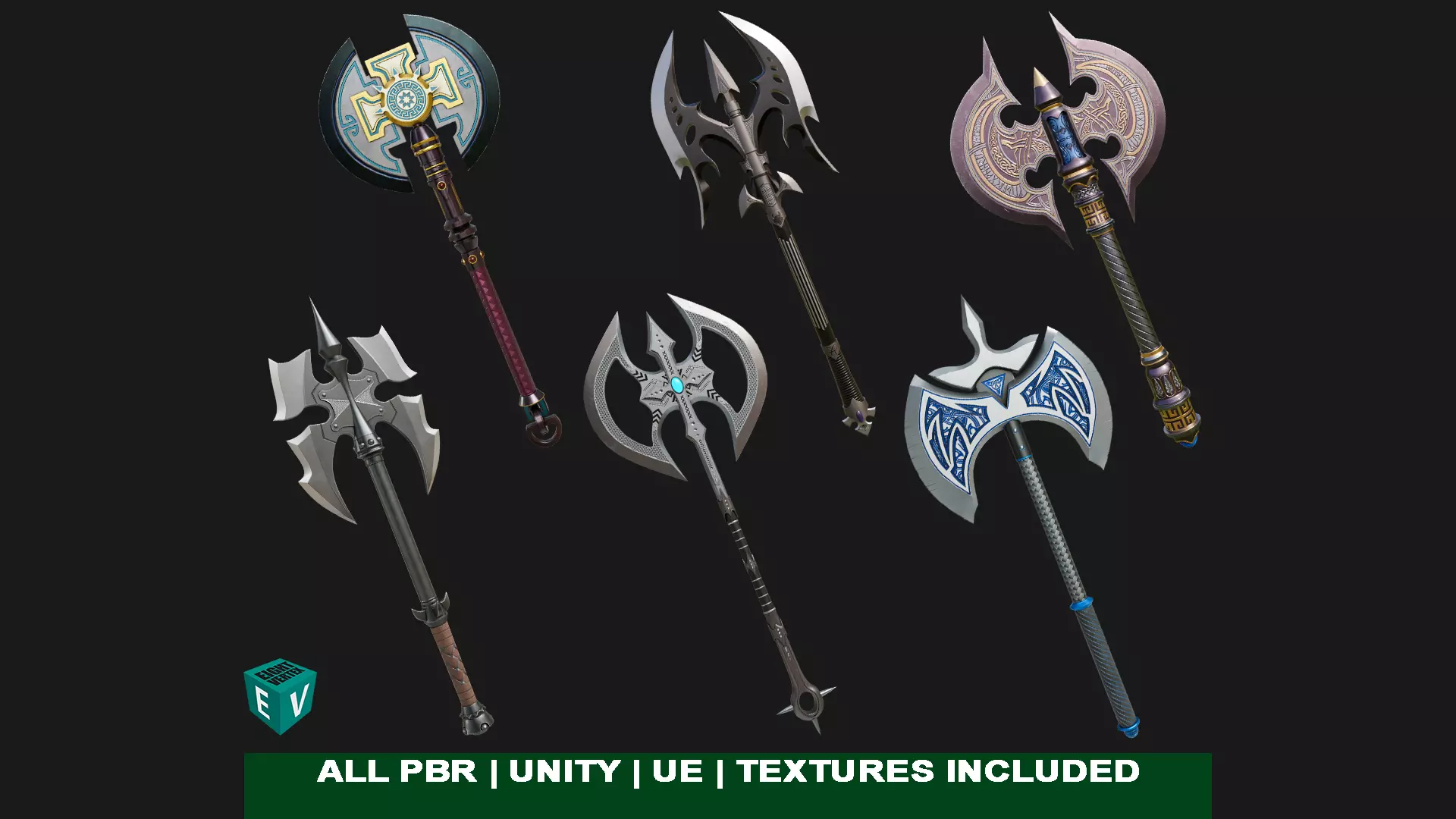 6 Battle Axes Collection All PBR Unity UE Textures Included _0