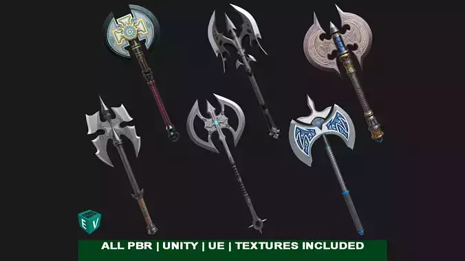 6 Battle Axes Collection All PBR Unity UE Textures Included 