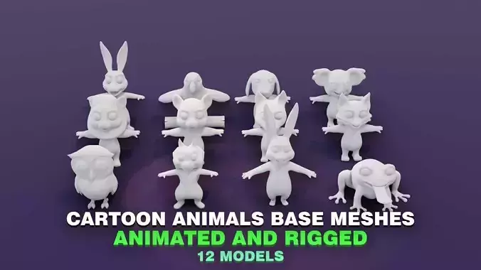 Cartoon Animals Animated and Rigged Base Mesh 12 3D Models Pack Low-poly 3D model