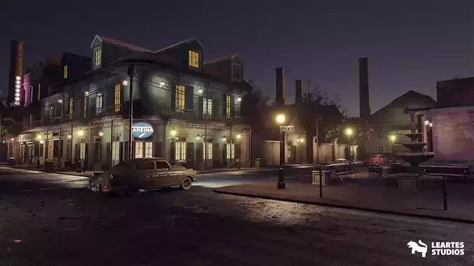 French Quarter Street Environment Low-poly 3D model