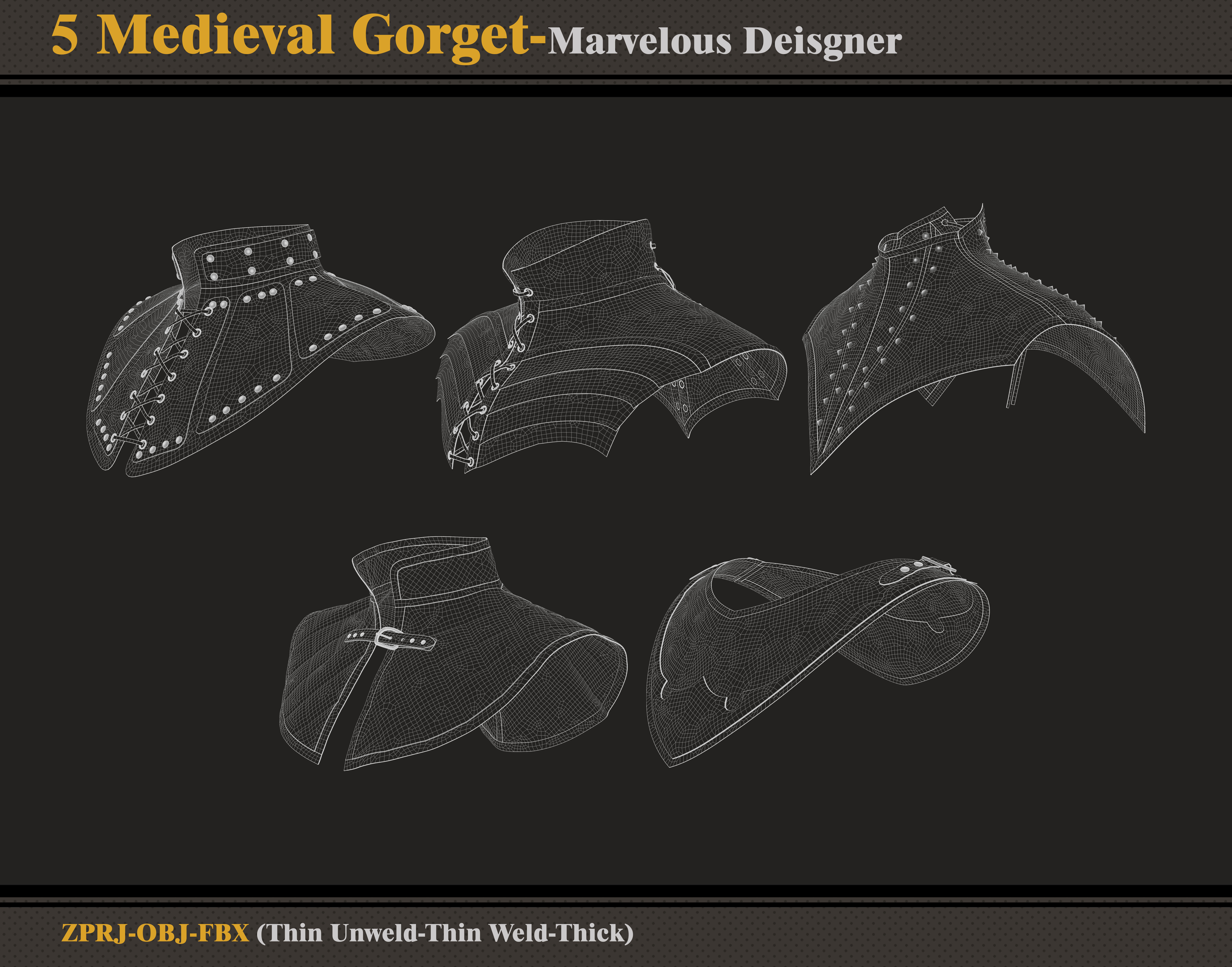 5 Medieval Gorgets-Marvelous Designer -ZPRJ- FBX- OBJ  3D model_6