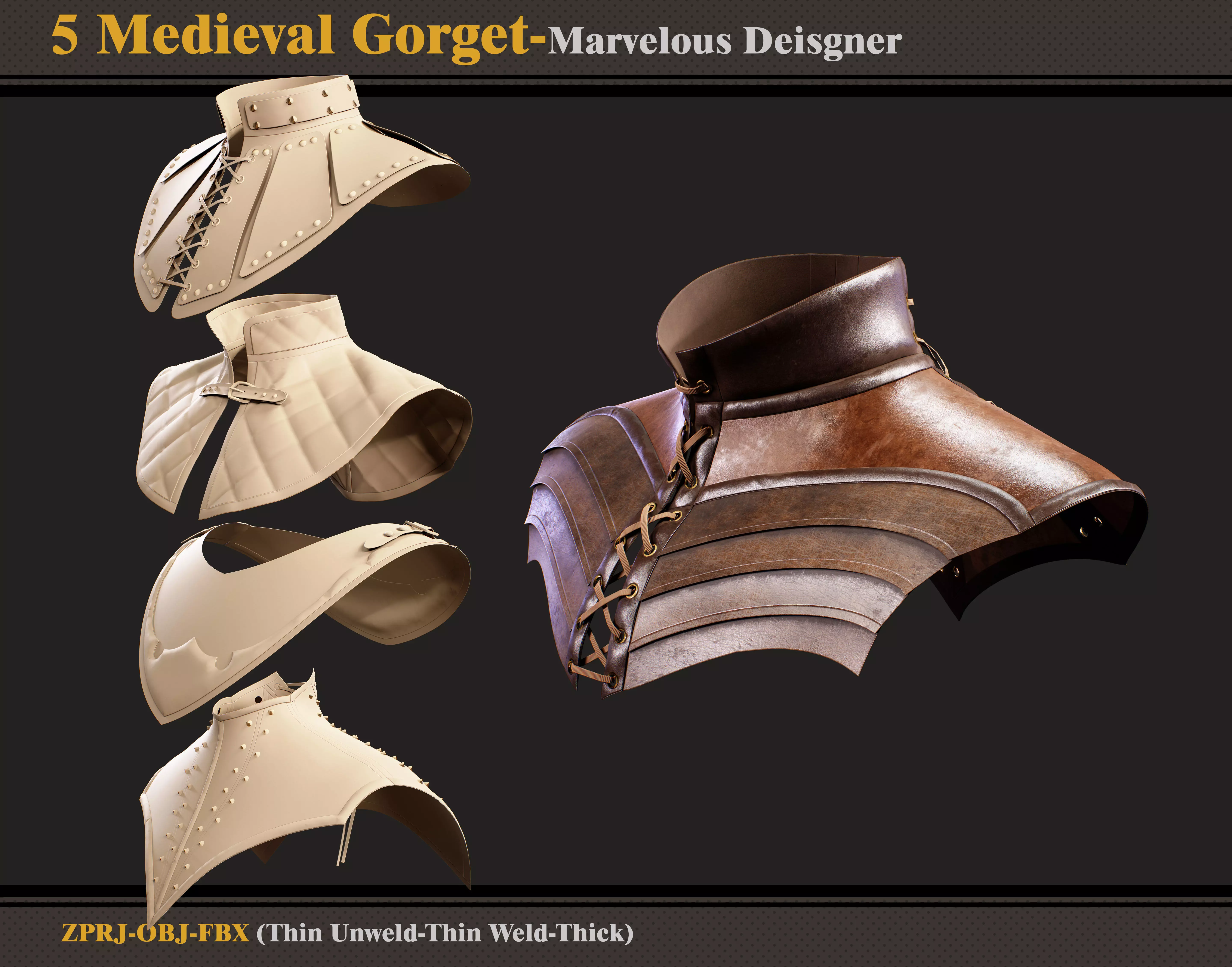 5 Medieval Gorgets-Marvelous Designer -ZPRJ- FBX- OBJ  3D model_0
