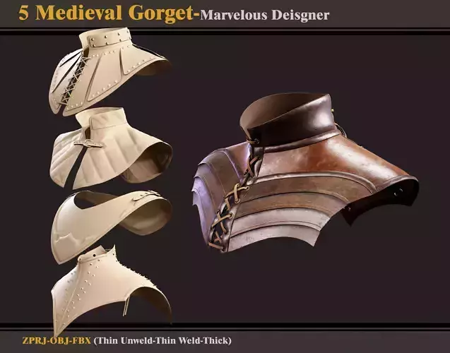 5 Medieval Gorgets-Marvelous Designer -ZPRJ- FBX- OBJ  3D model
