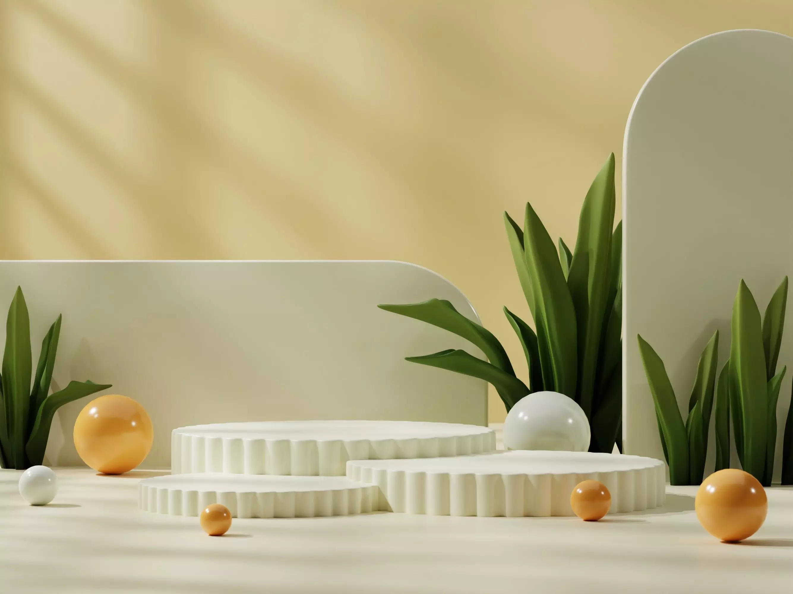 Mockup light yellow ceramic podium in landscape   3D model_0