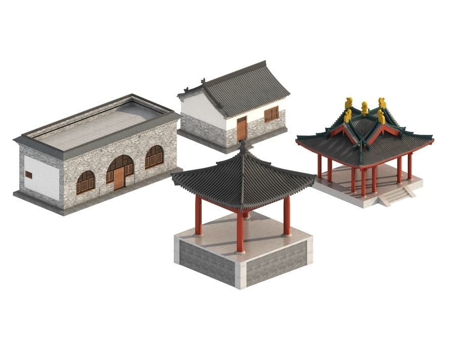 town Chinese style commercial residential buildings 3D model_12