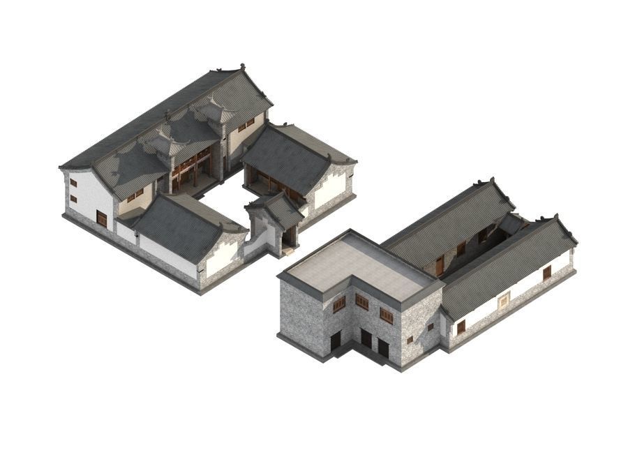 town Chinese style commercial residential buildings 3D model_13