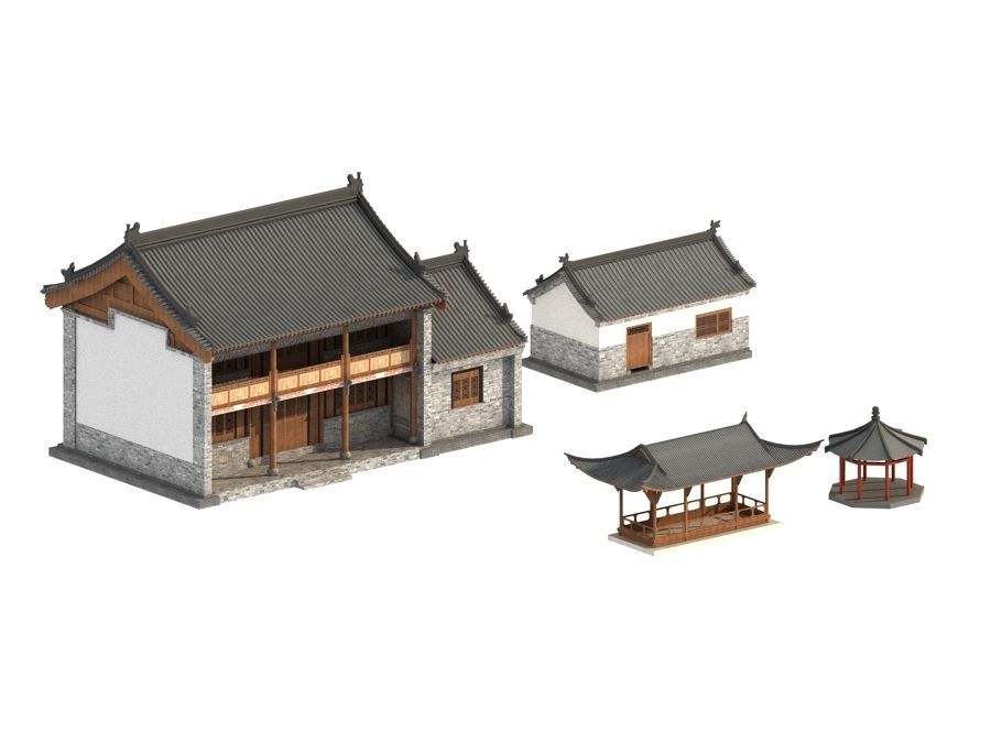 town Chinese style commercial residential buildings 3D model_14