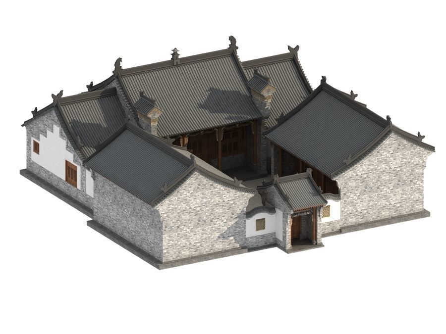 town Chinese style commercial residential buildings 3D model_3