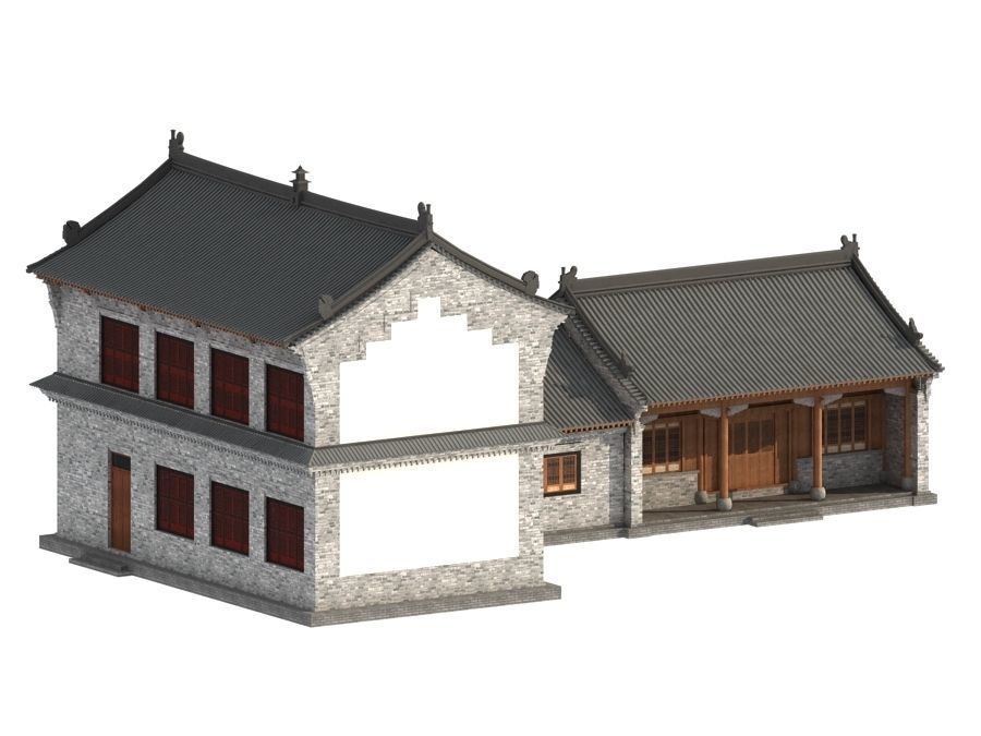town Chinese style commercial residential buildings 3D model_8