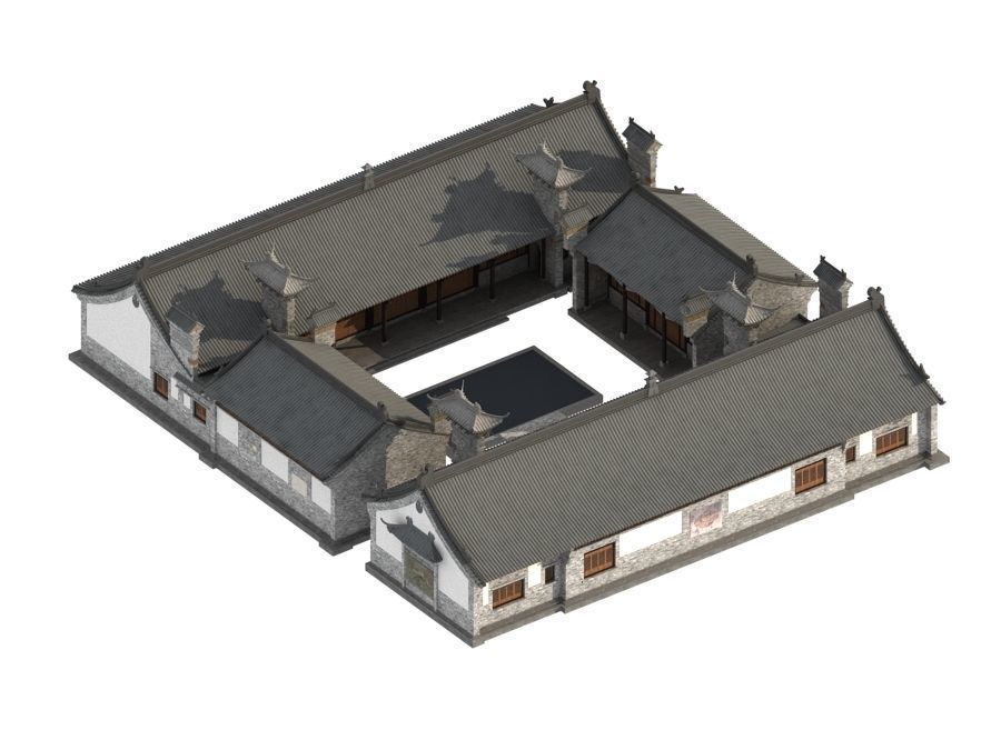 town Chinese style commercial residential buildings 3D model_2
