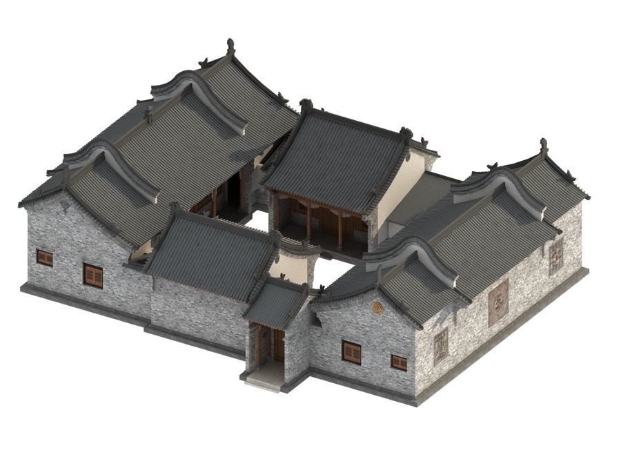 town Chinese style commercial residential buildings 3D model_4
