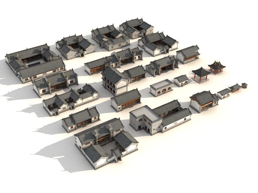 town Chinese style commercial residential buildings 3D model_1