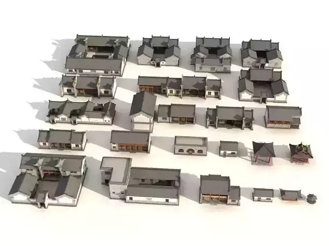 town Chinese style commercial residential buildings 3D model