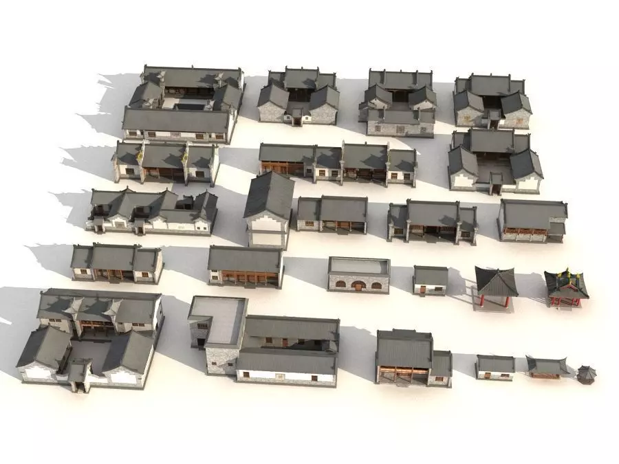 town Chinese style commercial residential buildings 3D model_0