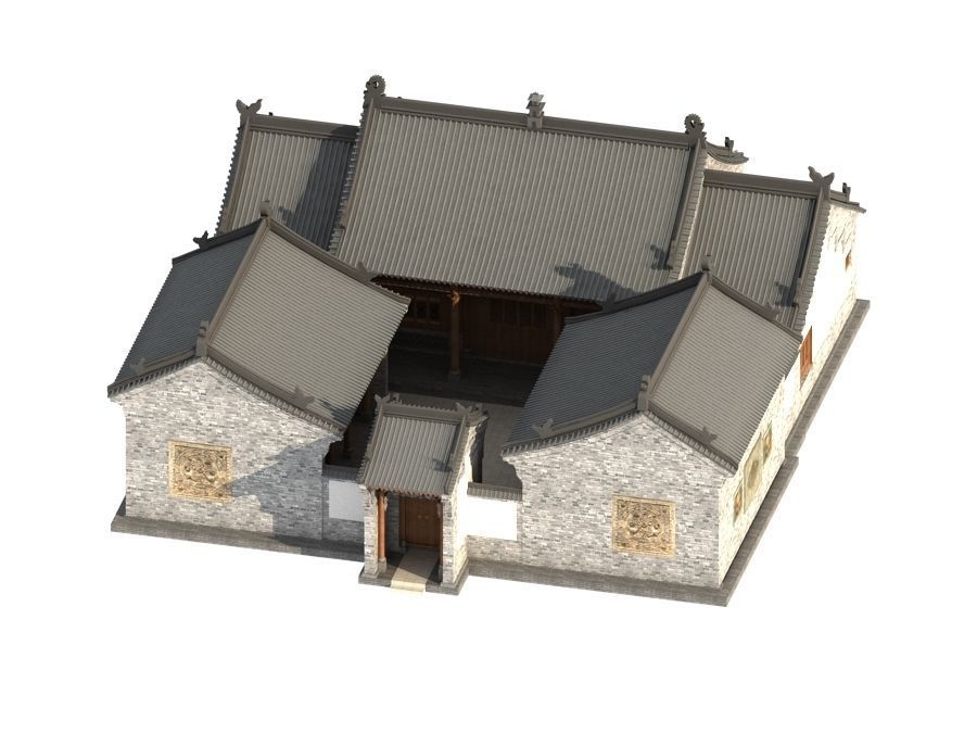 town Chinese style commercial residential buildings 3D model_5