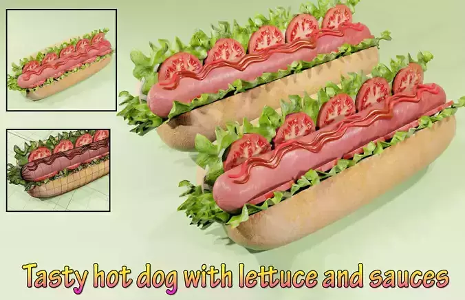 Tasty Hot Dog with lettuce and sauces Low-poly 3D model