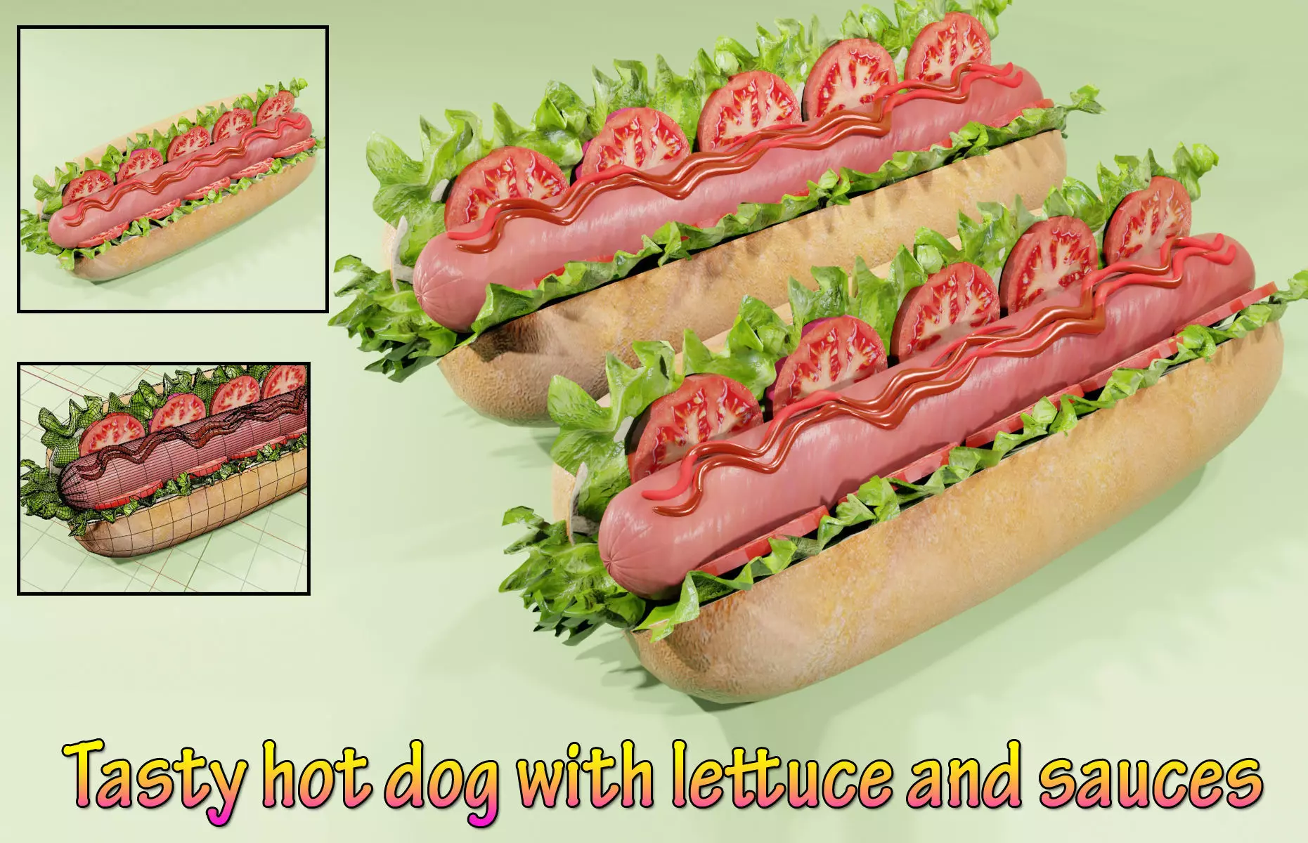 Tasty Hot Dog with lettuce and sauces Low-poly 3D model