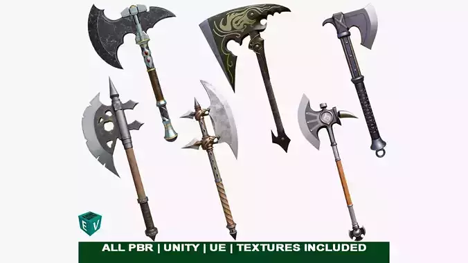 6 Battle Axes Collection All PBR Unity UE Textures Included 