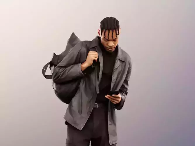 Blake 12244 - Standing Black Man With Phone And Backpack