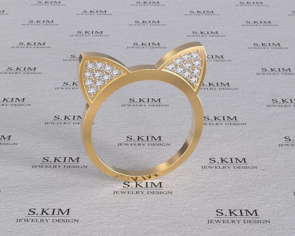 Cat ears ring with diamonds 3D print model_1