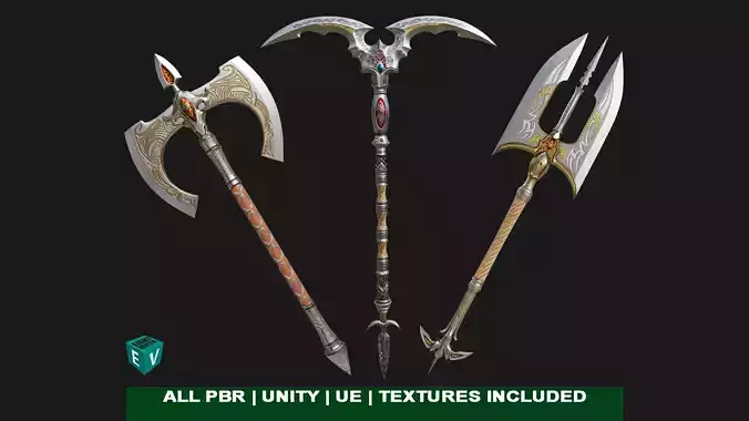 3 Medieval Battle Axes All PBR Unity UE Textures Included 3D Model Collection