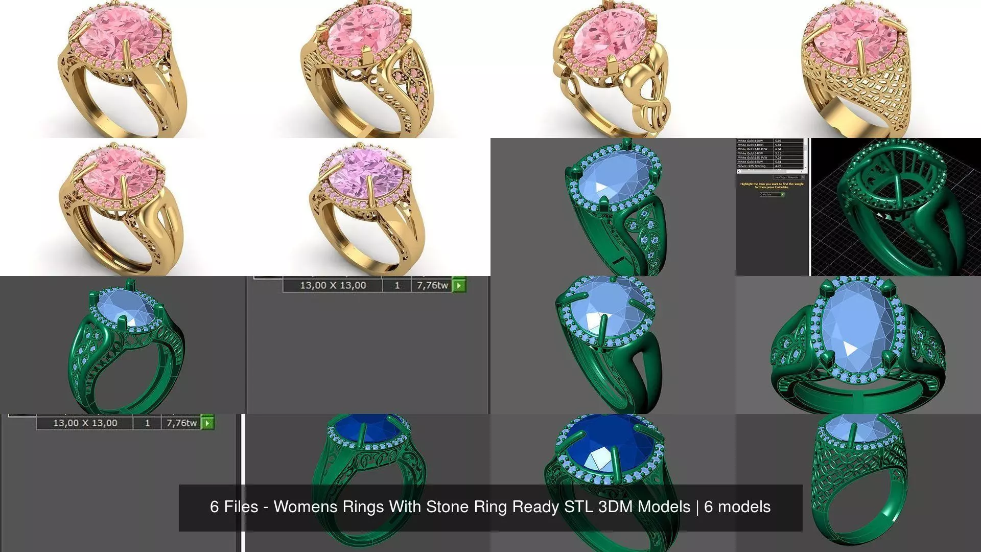 6 Files - Womens Rings With Stone Ring Ready STL 3DM Models 3D Model Collection_0