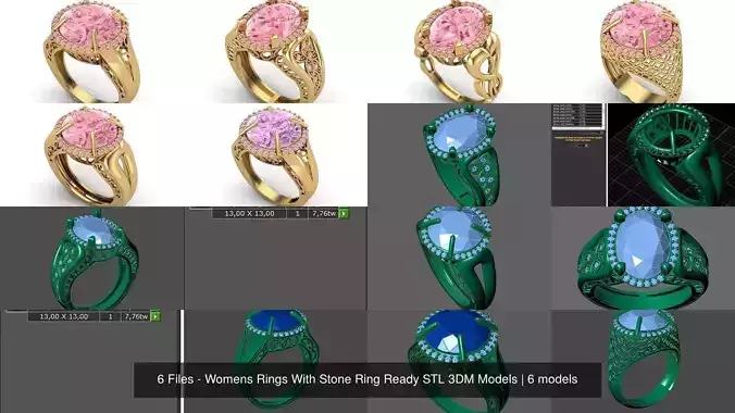 6 Files - Womens Rings With Stone Ring Ready STL 3DM Models
