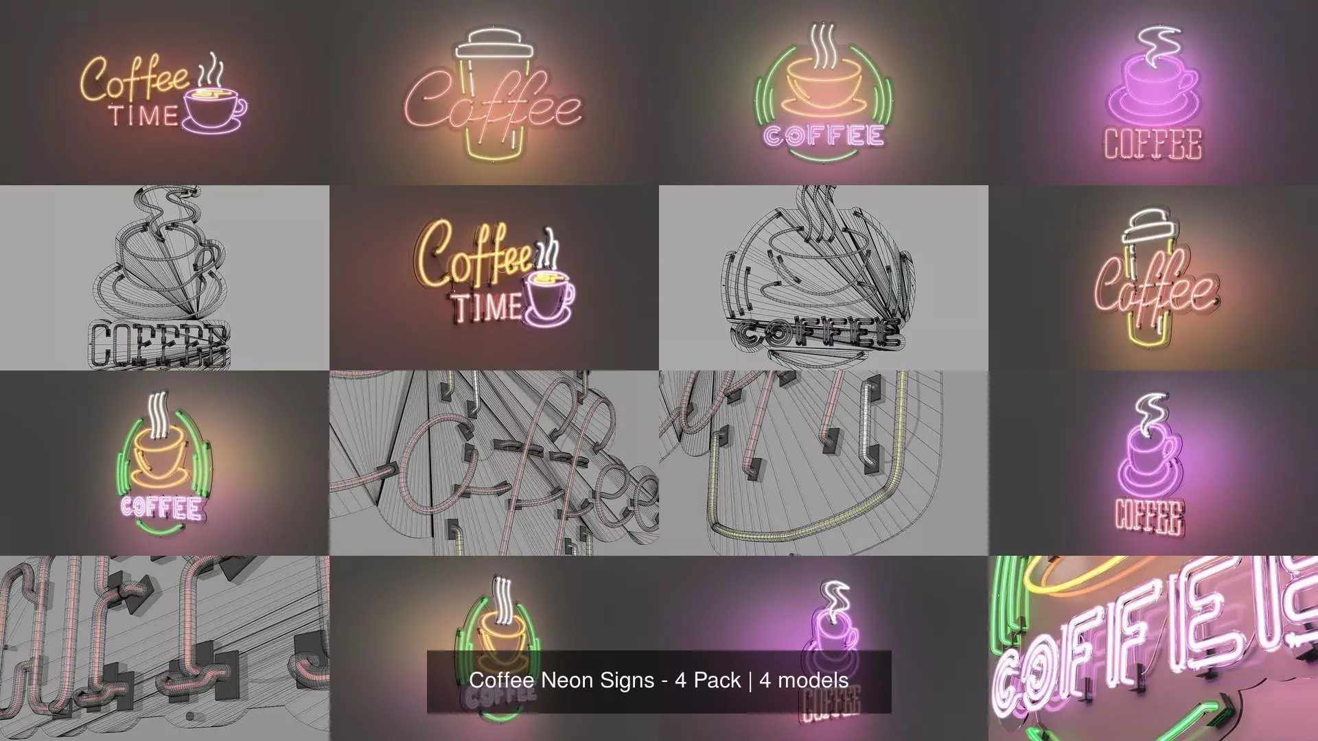 Coffee Neon Signs - 4 Pack 3D Model Collection_0