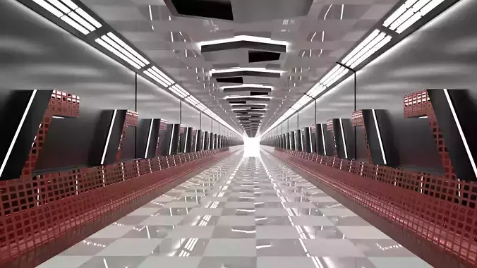 Sci -fi-Hall Way- corridor - Game Ready Low Poly PBR - 3D Model
