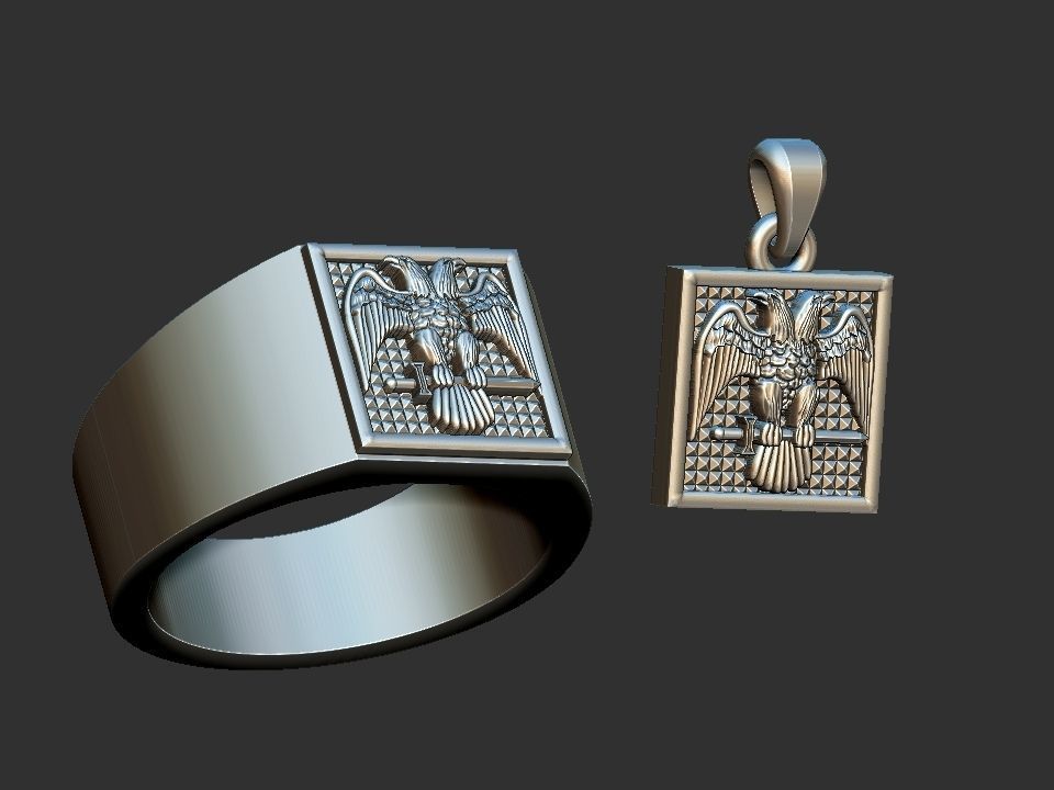 Masonic Bicephalous Eagle - Ring and Pendant 3D print model_1