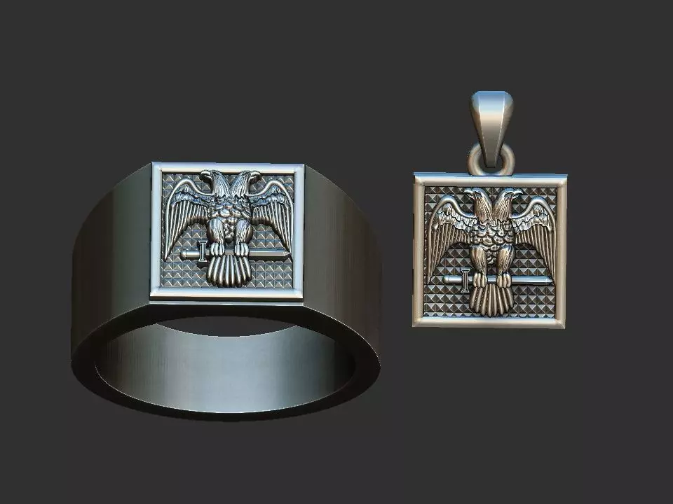 Masonic Bicephalous Eagle - Ring and Pendant 3D print model_0