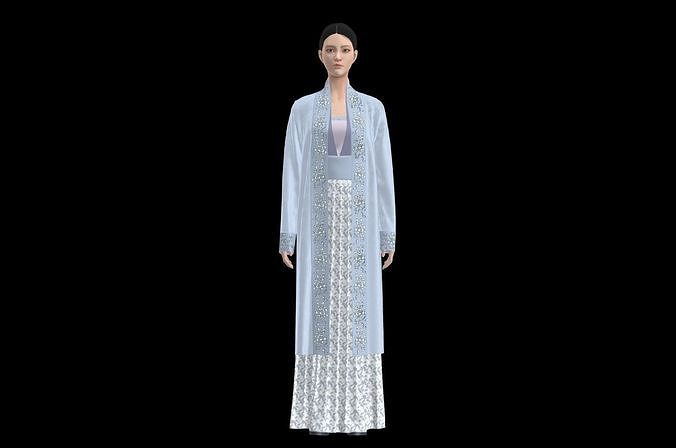 Song style narrow sleeve suit with peony pattern Free 3D model