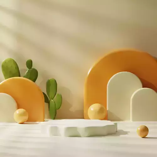 Light tan podium mockup template Creamy orange arches and cactus