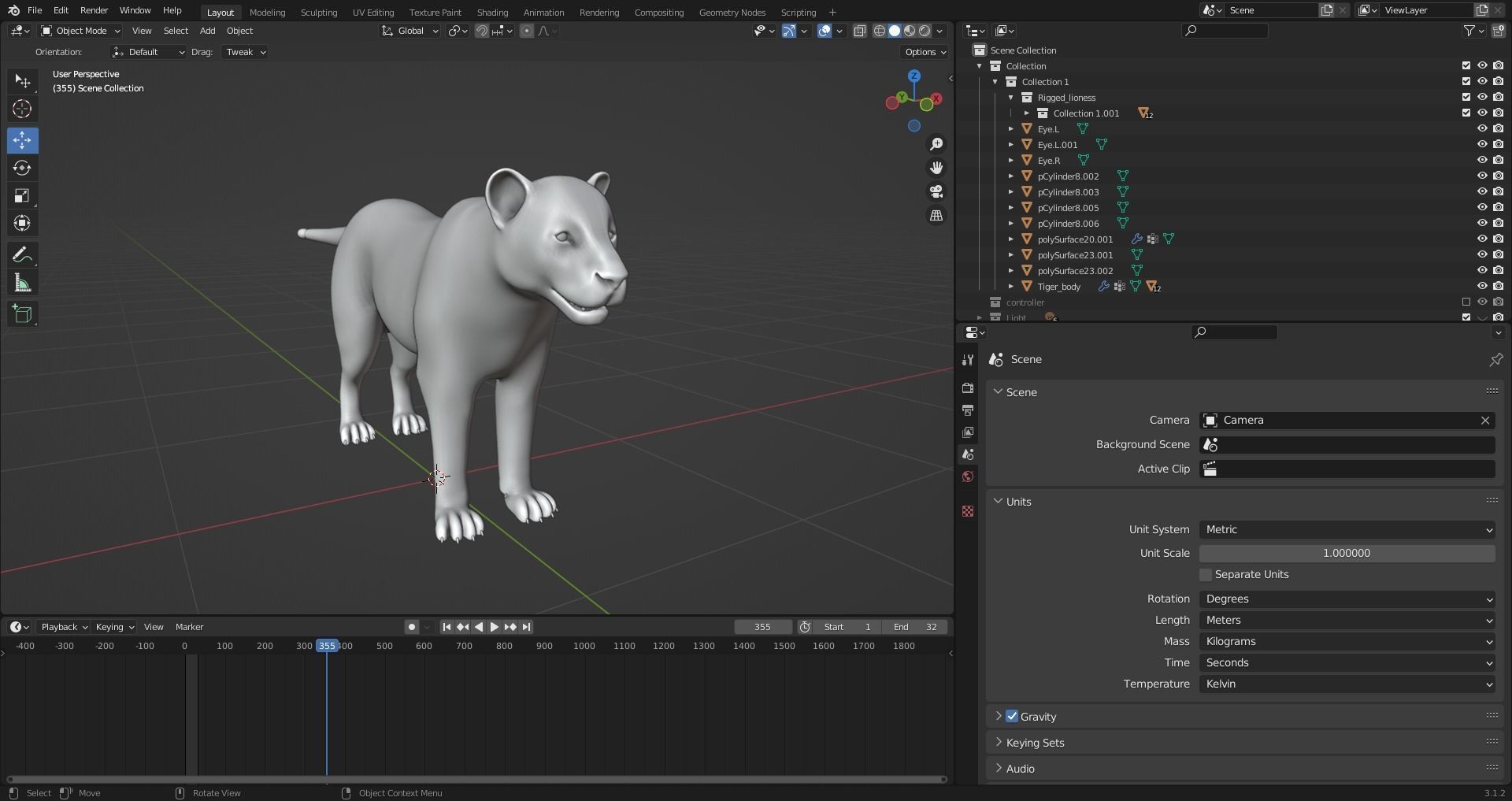 Fur White Tiger Rigged and  Animation in Blender Unity Low-poly 3D model_13