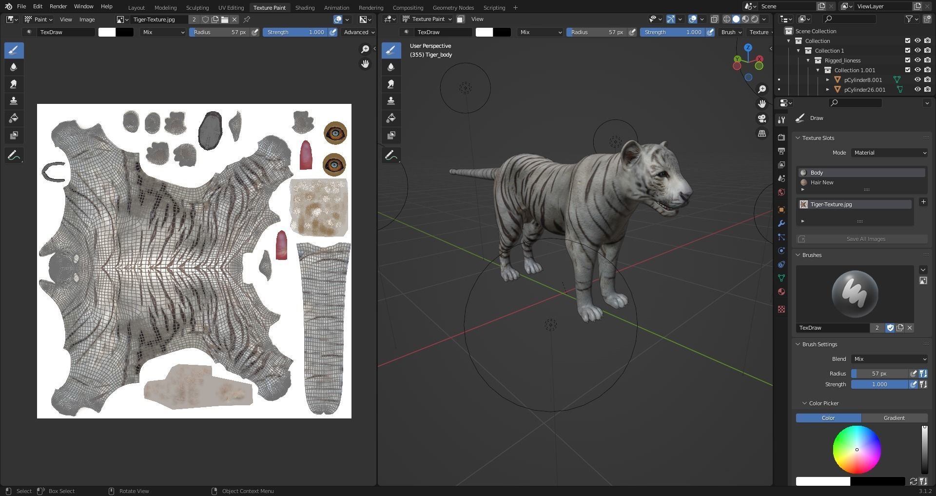 Fur White Tiger Rigged and  Animation in Blender Unity Low-poly 3D model_24