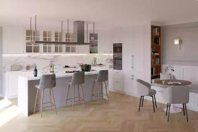 Classic American kitchen with island in white and marble 3D model