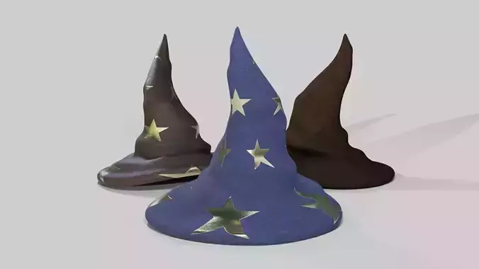 3 wizards and witch hats with different pbr textures