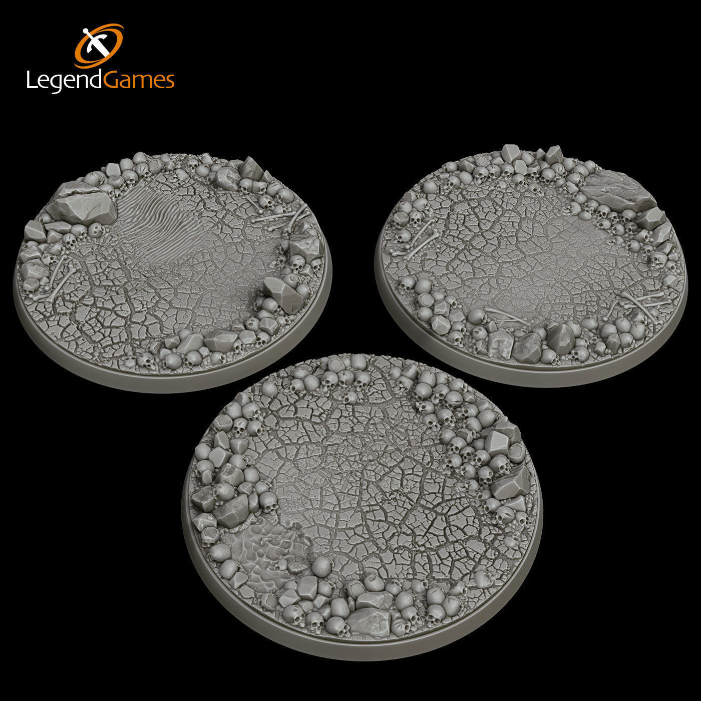 LegendGames Skull with cracked earth Bases - 80mm Round  x3 3D print model_3