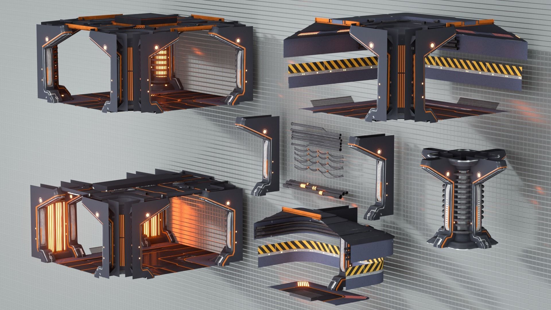 Sci-Fi Modular Corridor Interior Kitbash Set Low-poly 3D model_2