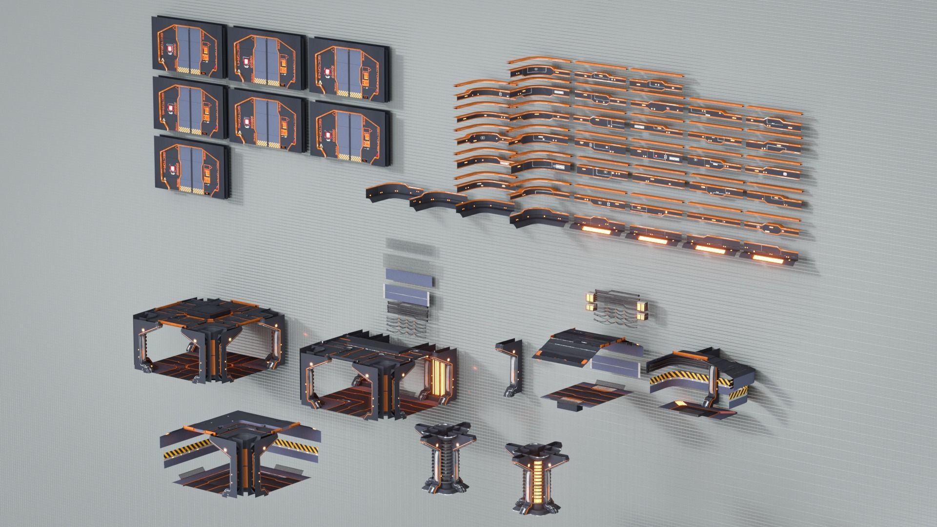 Sci-Fi Modular Corridor Interior Kitbash Set Low-poly 3D model_1