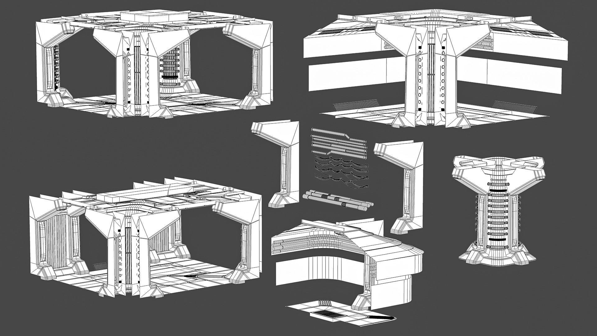 Sci-Fi Modular Corridor Interior Kitbash Set Low-poly 3D model_8